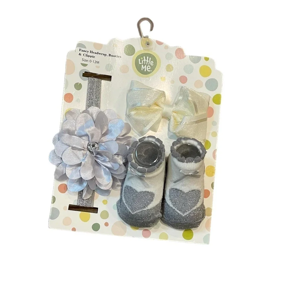 NEW Little Me Fancy Headwrap, Booties & Bow Clippie Gift Set Gray 0-12 Months